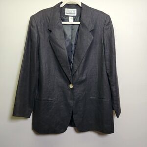 Vtg Character Women's Black 100% Linen Blazer Sz 16 Single Breast Lined